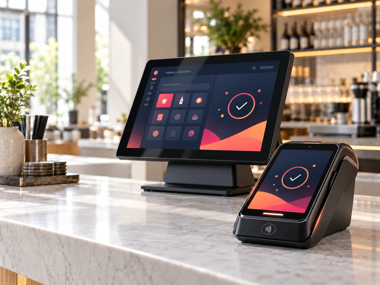 Paymentsense-inspired connected payment interface on an EPOS touchscreen and card terminal