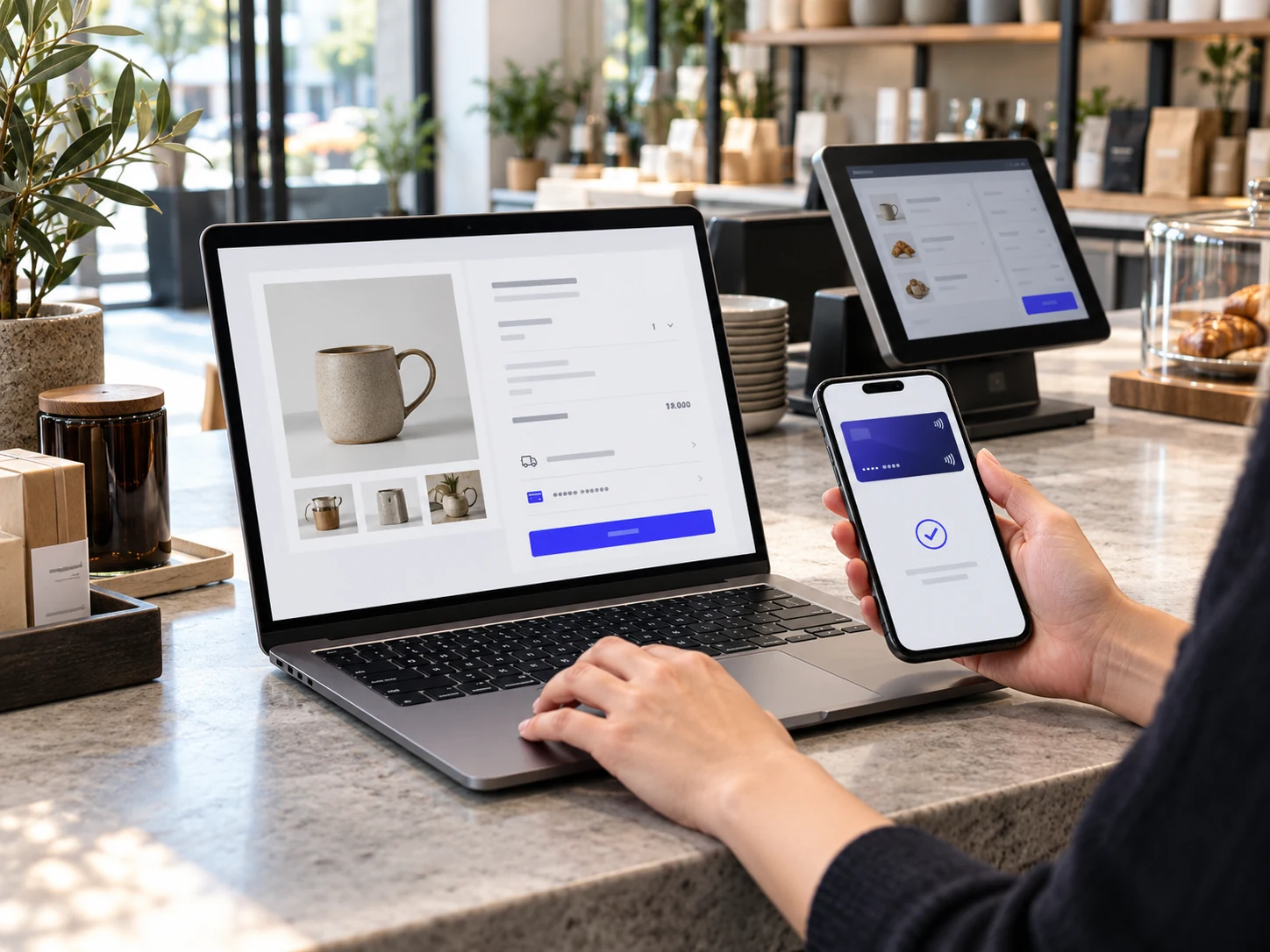 Online checkout on a laptop and mobile wallet payment beside a connected EPOS order screen
